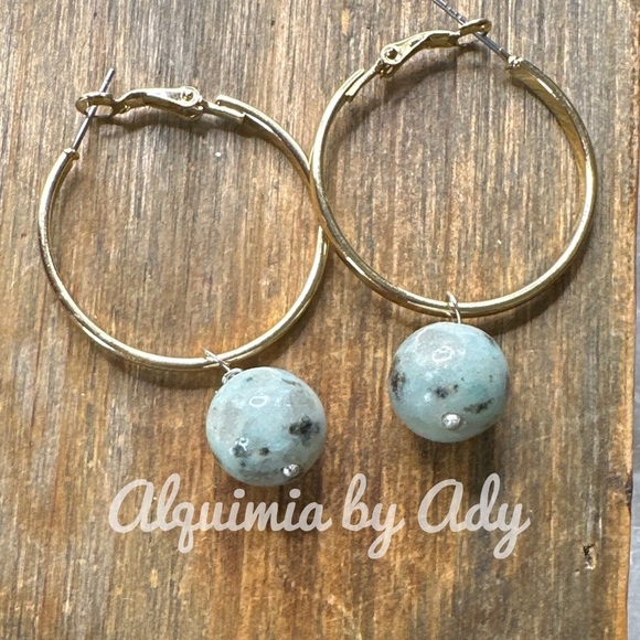 Sesame jasper big 12mm spheres dangle earrings/gold hoops bohemian - Picture 1 of 1